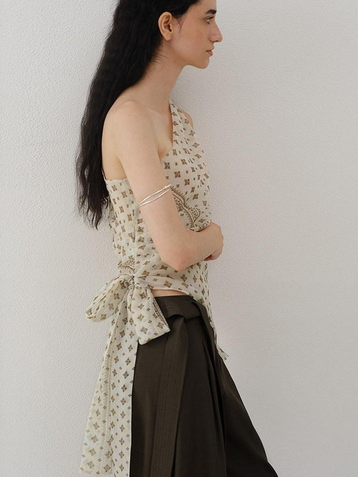 someonesometimes Ruched Asymmetrical Tie One Shoulder Workwear Floral Polyester Beige Tube Tops