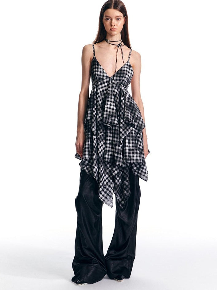 ALINNVSTUDIO Plaid Strappy Polyester Sweet Spicy Sleeveless Youth City Commute Midi Dresses