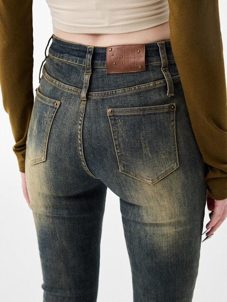 1JINN STUDIO Thick Micro Stretch Vintage Washed Slim Natural Waist Women Denim Flared Jeans