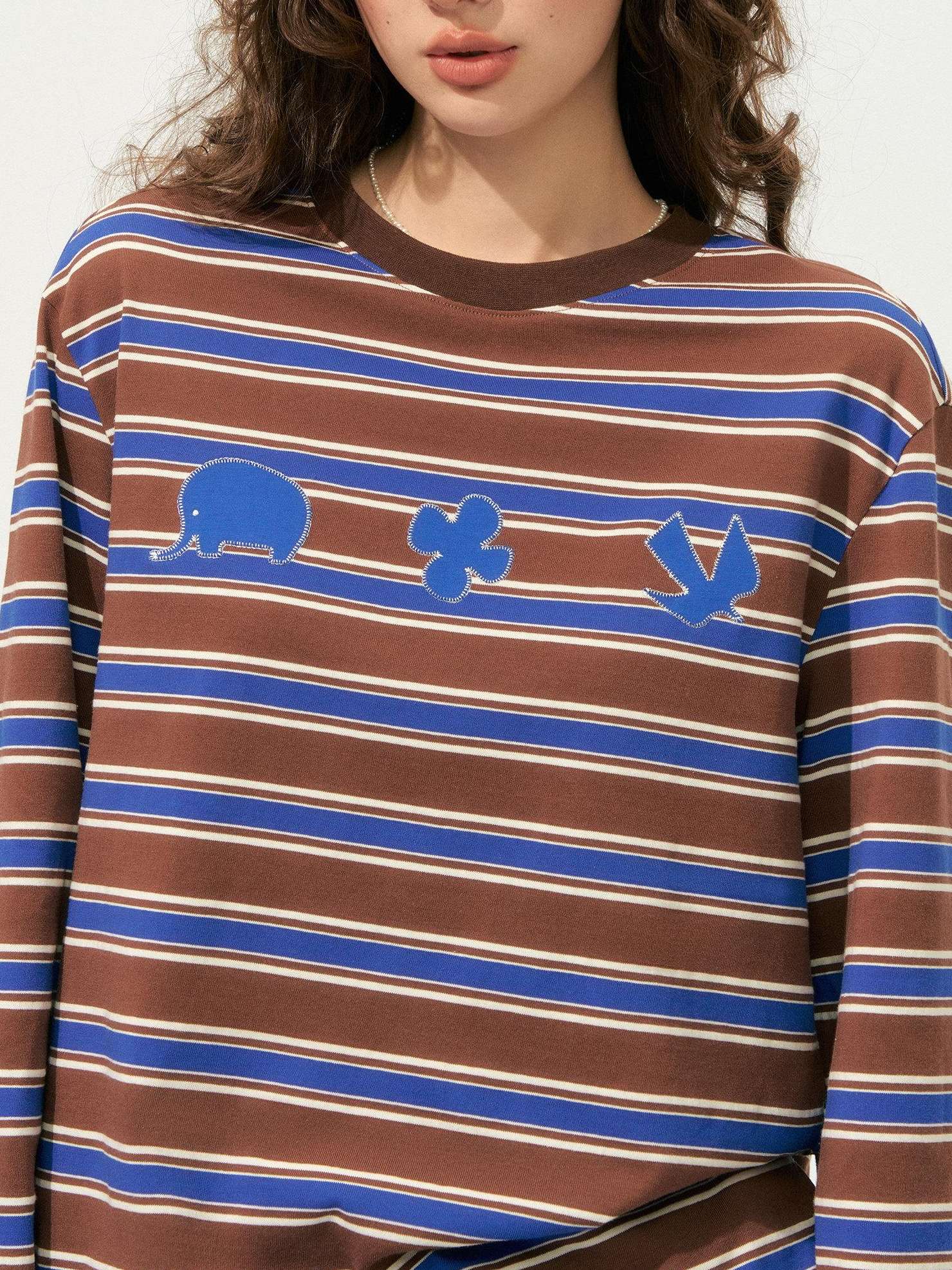 SOMESOWE Creative Embroidered Print Loose Crewneck Women Striped Long Sleeve T-Shirts