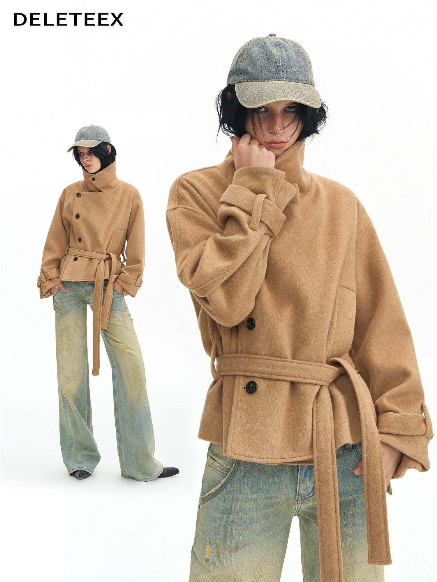 DeleteEx Thick Half Wool Blend American Cropped Lapel Young Women Khaki Wool Coats