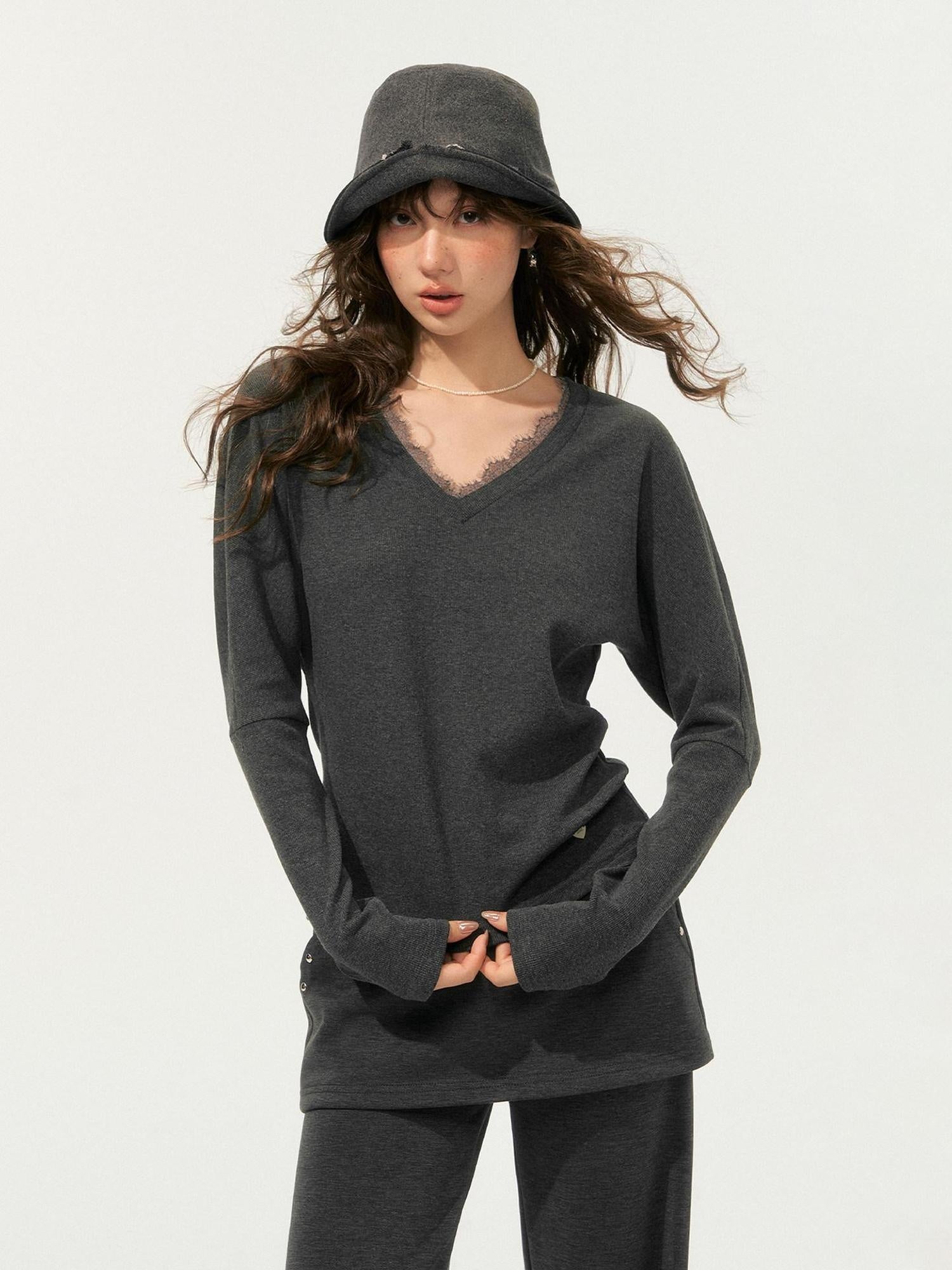 SOMESOWE Cozy Knit V-neck Cropped Batwing Top Loose Straight Pants Top & Pants Sets