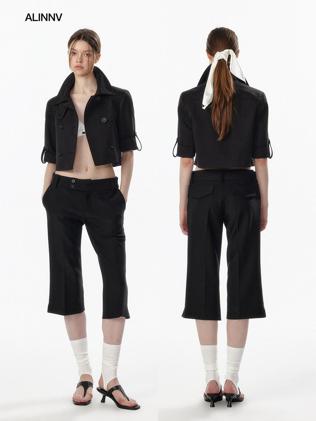 Casual High Waist Double Breasted Cropped Black Cotton Blend Women Trench Coats
