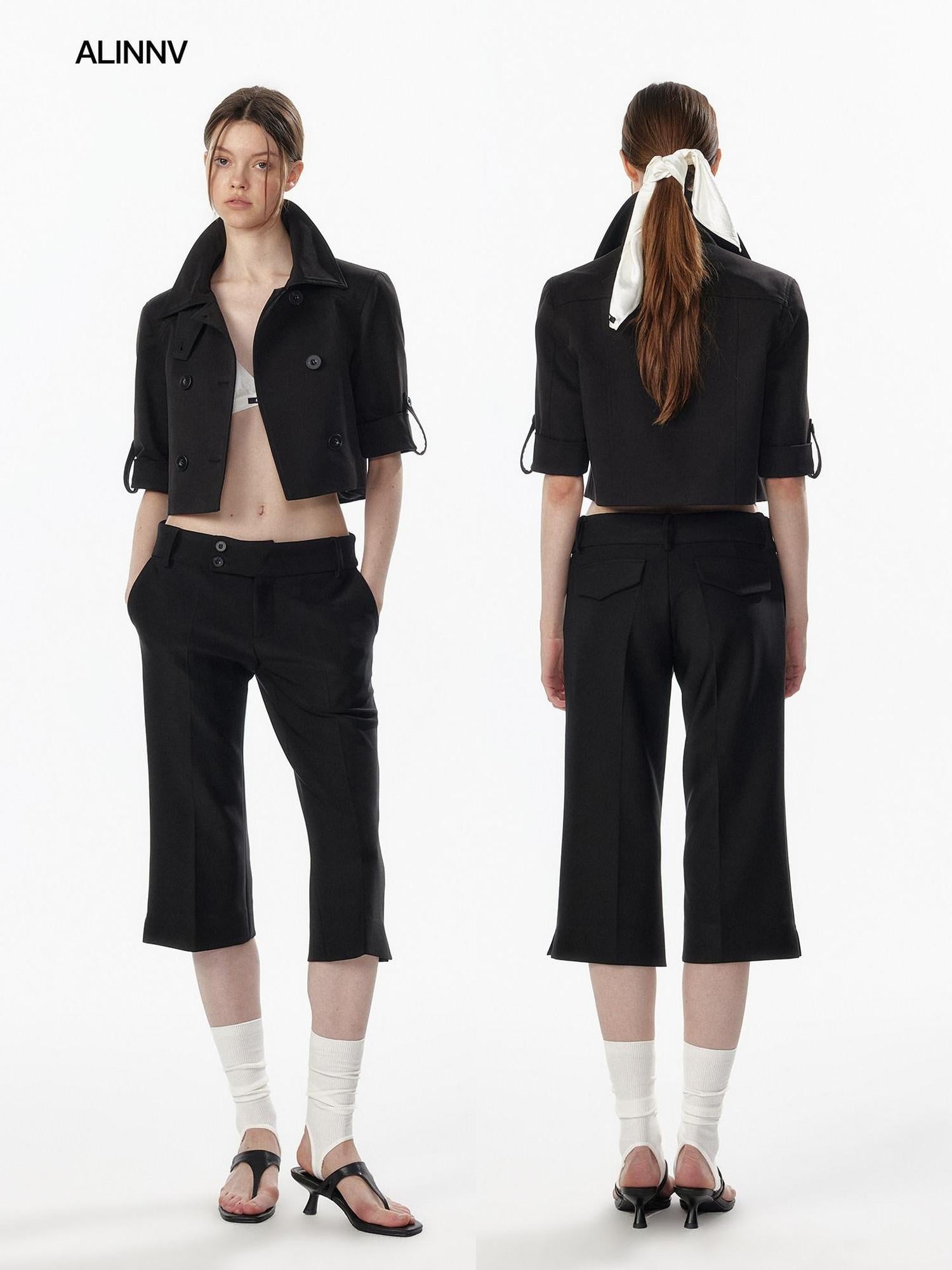 Casual High Waist Double Breasted Cropped Black Cotton Blend Women Trench Coats
