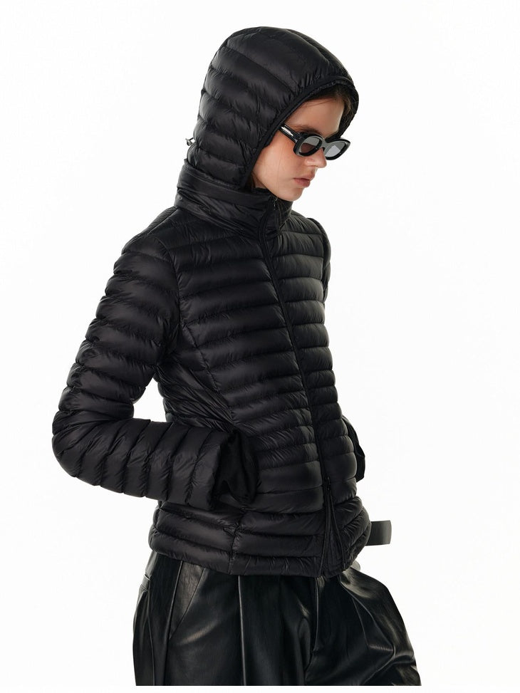 ALINNVSTUDIO 90 Fill Duck Down Thin Fitted Commuter Hooded Women Black Down Jackets