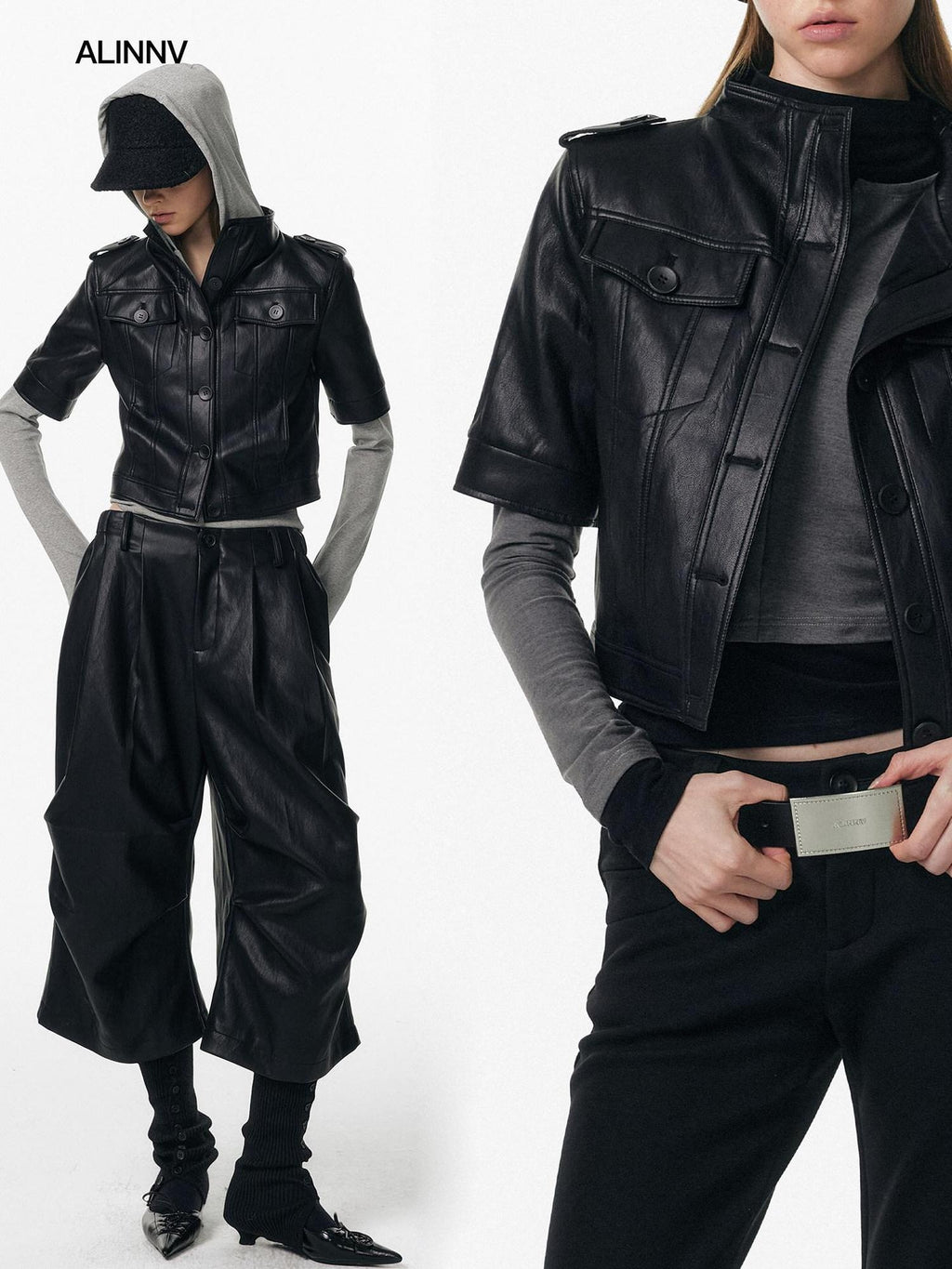ALINNVSTUDIO Sleek Pu Slim Fit Cropped Short Sleeve Stand Collar Women Leather Jackets