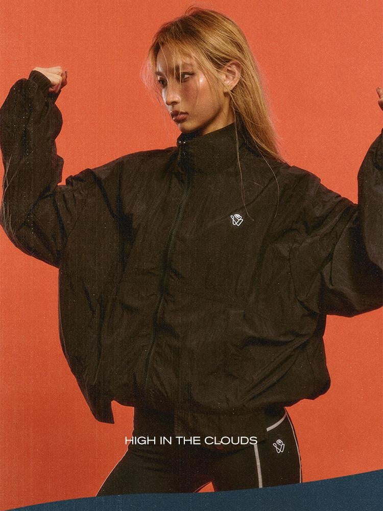 NAWSNOTAWEAR Pleated Detail Loose Fit Commuter Nylon Zip Front Turndown Collar Bomber Jackets
