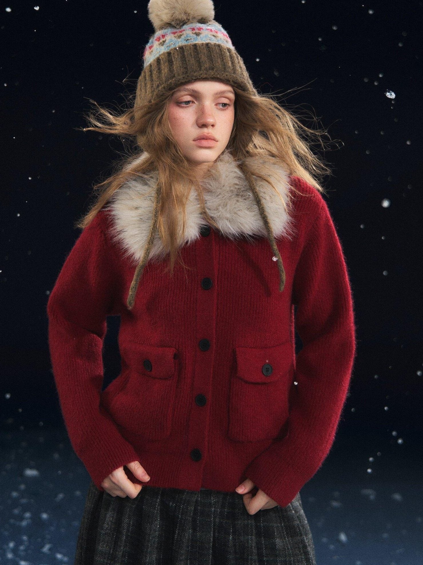 SOMESOWE Cozy Knit Fruit Lapel Button Casual Women Red Oatmeal Cardigans