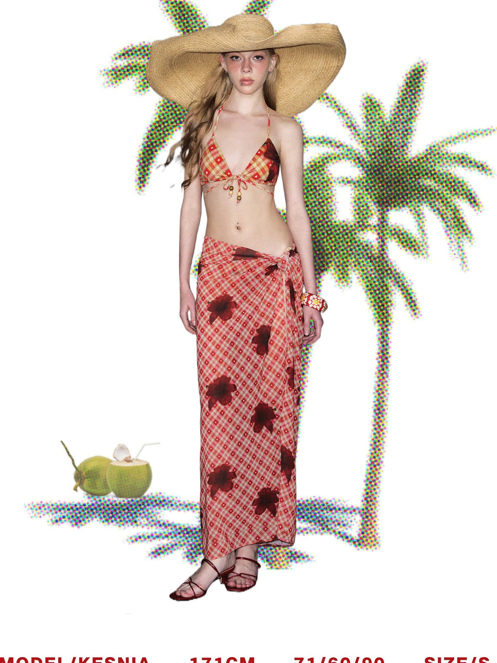 DeleteEx Chic Brown Red Gray Plaid Print Two Piece Beach Swimwear Bikini Sets