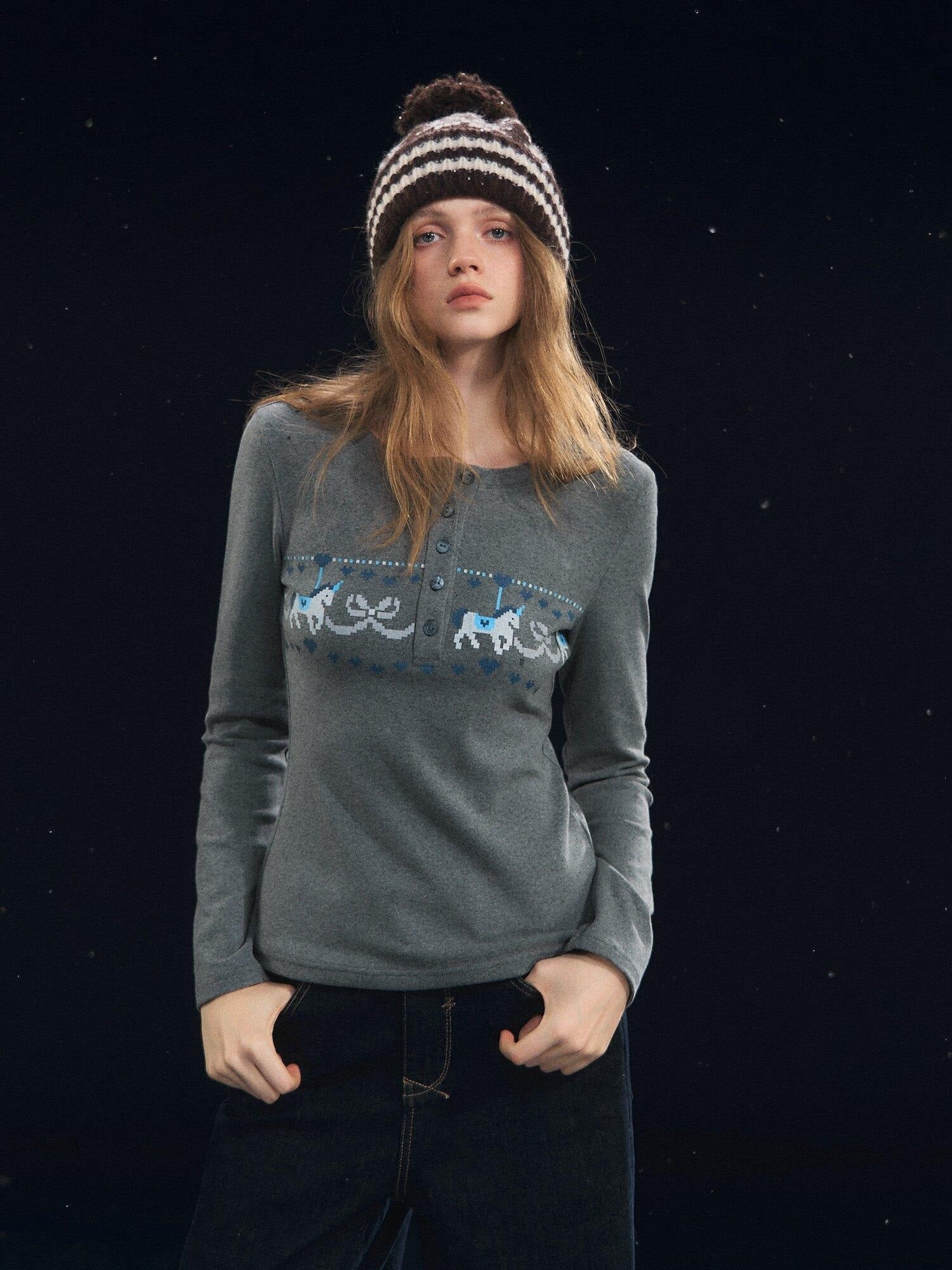SOMESOWE Cotton Blend Lace Trim Casual Crew Neck Women Cartoon Print Sweaters