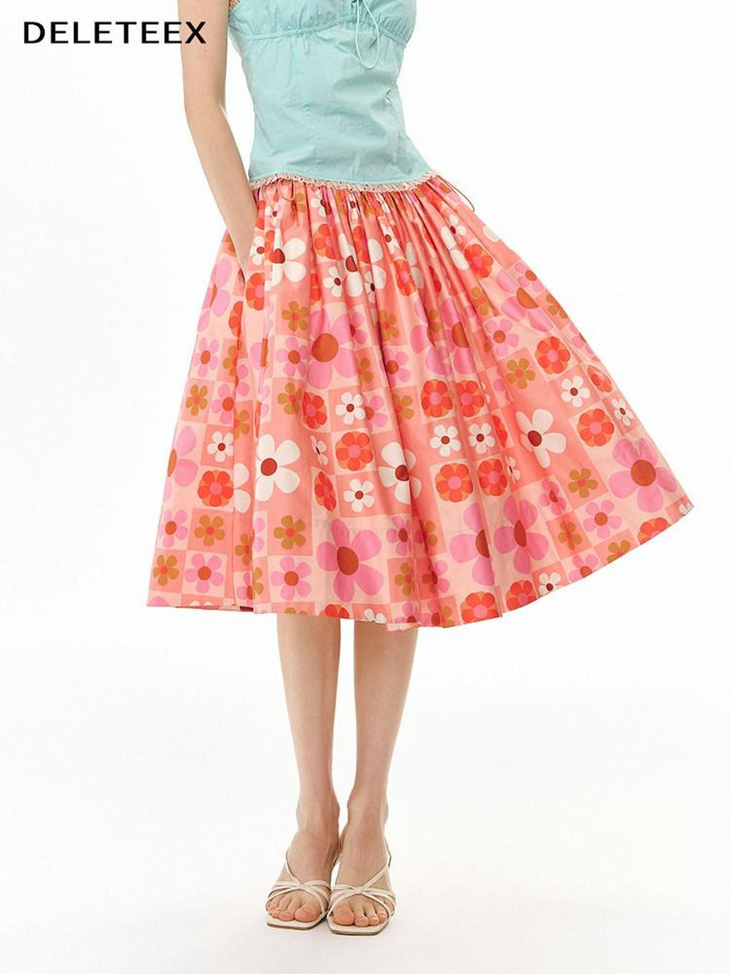 DeleteEx Flattering High Waist A Line Orange Red Floral Polyester Women Midi Skirts