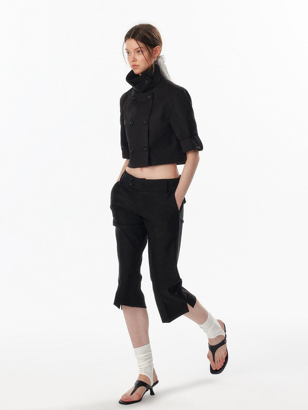 Casual High Waist Double Breasted Cropped Black Cotton Blend Women Trench Coats