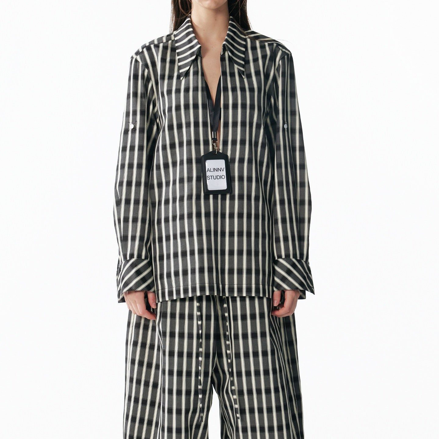 ALINNVSTUDIO_Minimalist_Loose_Fit_Square_Neck_Plaid_Pullover_Women_Top_&_Pants_Sets_MISSTT