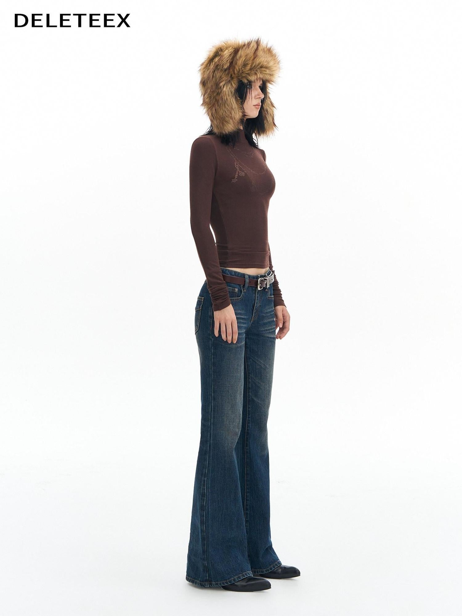 DeleteEx Washed Slim Low Rise Slight Stretch Sexy Girl Dark Blue Flared Jeans