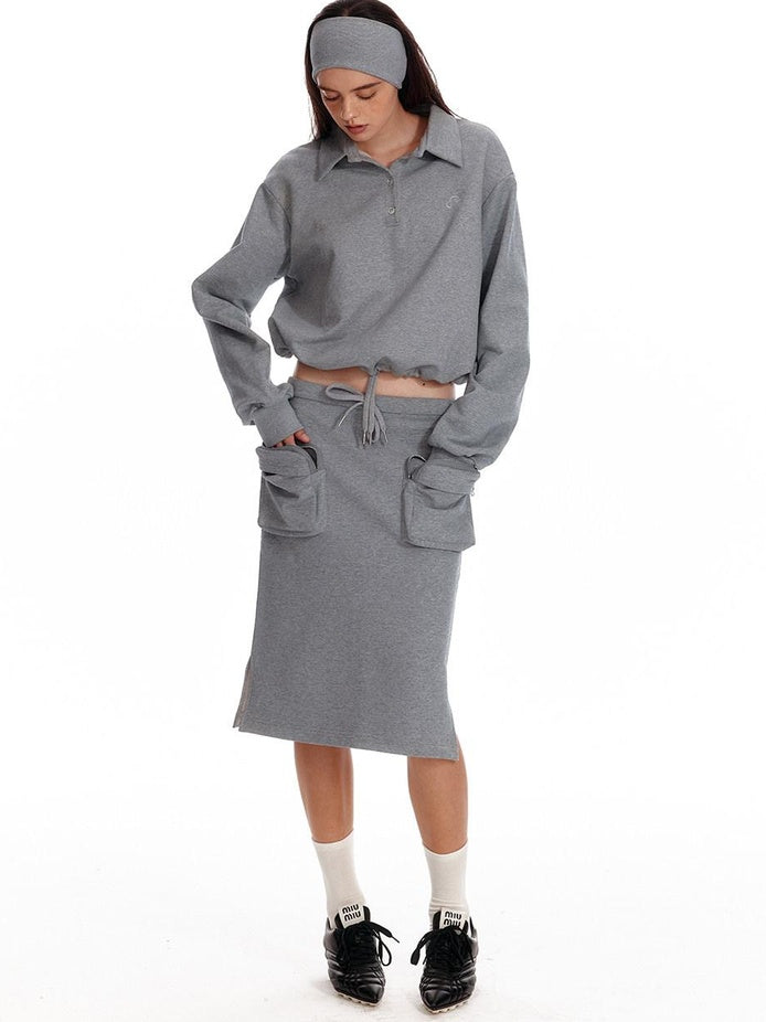 ALINNVSTUDIO Cropped Loose Fit Polo Collar Long Sleeve Commuter Solid Color Sweatshirt