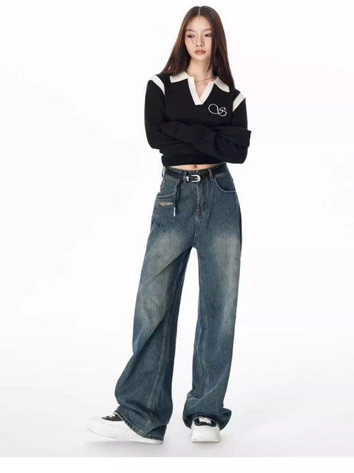 SOMESOWE Cotton Slight Stretch Unisex Loose Natural Waist Washed Blue Wide Leg Jeans