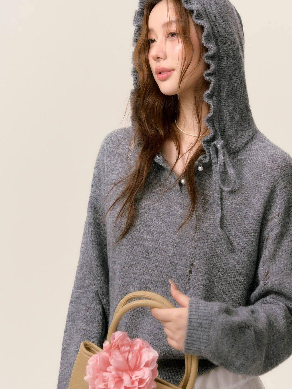 SOMESOWE Oversized Crochet Tie Street Loose Fit Women Grey Long Sleeve T-Shirts