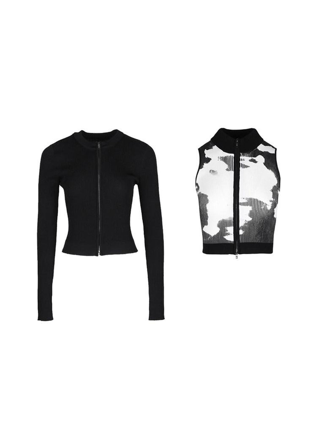 ALINNVSTUDIO Double Zipper Solid Knit Low Scoop Neck Office Casual Long Sleeve Cardigans