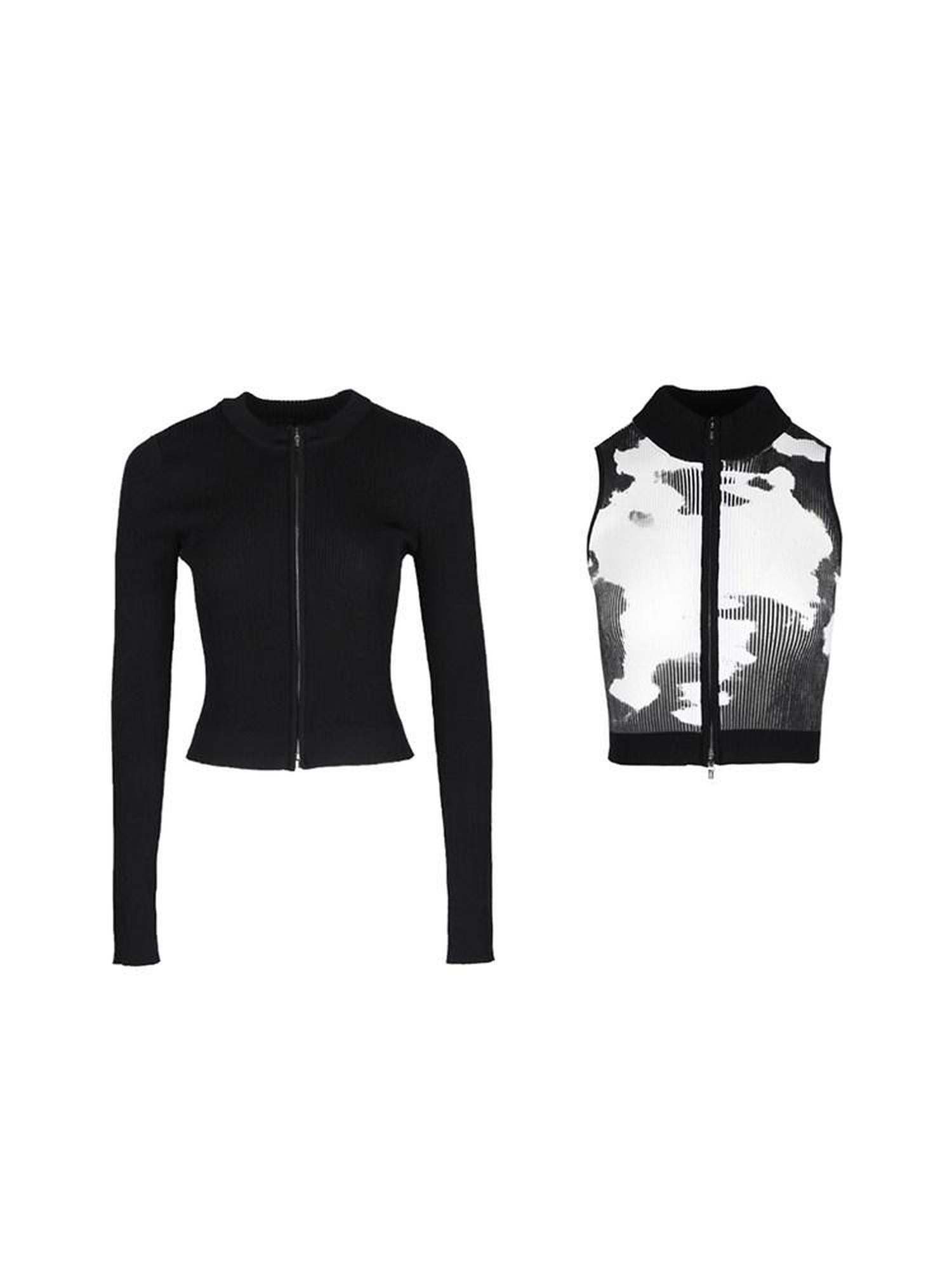 ALINNVSTUDIO Double Zipper Solid Knit Low Scoop Neck Office Casual Long Sleeve Cardigans