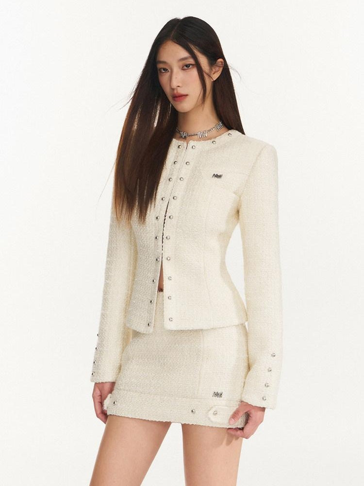 NAWSNOTAWEAR Wool Blend Two Piece Set Long Sleeve Round Neck Women Pearl White Mini Skirts