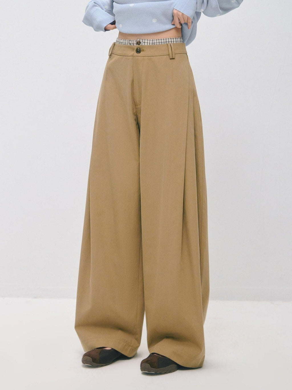 SOMESOWE Drawstring Pocket Relaxed Natural Waist Women Solid Khaki Grey Wide Leg Pants