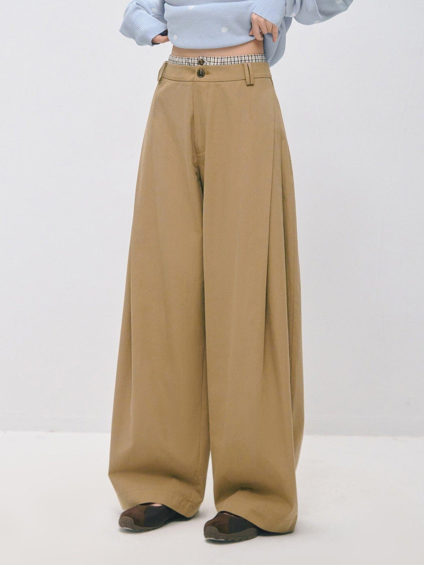SOMESOWE Drawstring Pocket Relaxed Natural Waist Women Solid Khaki Grey Wide Leg Pants