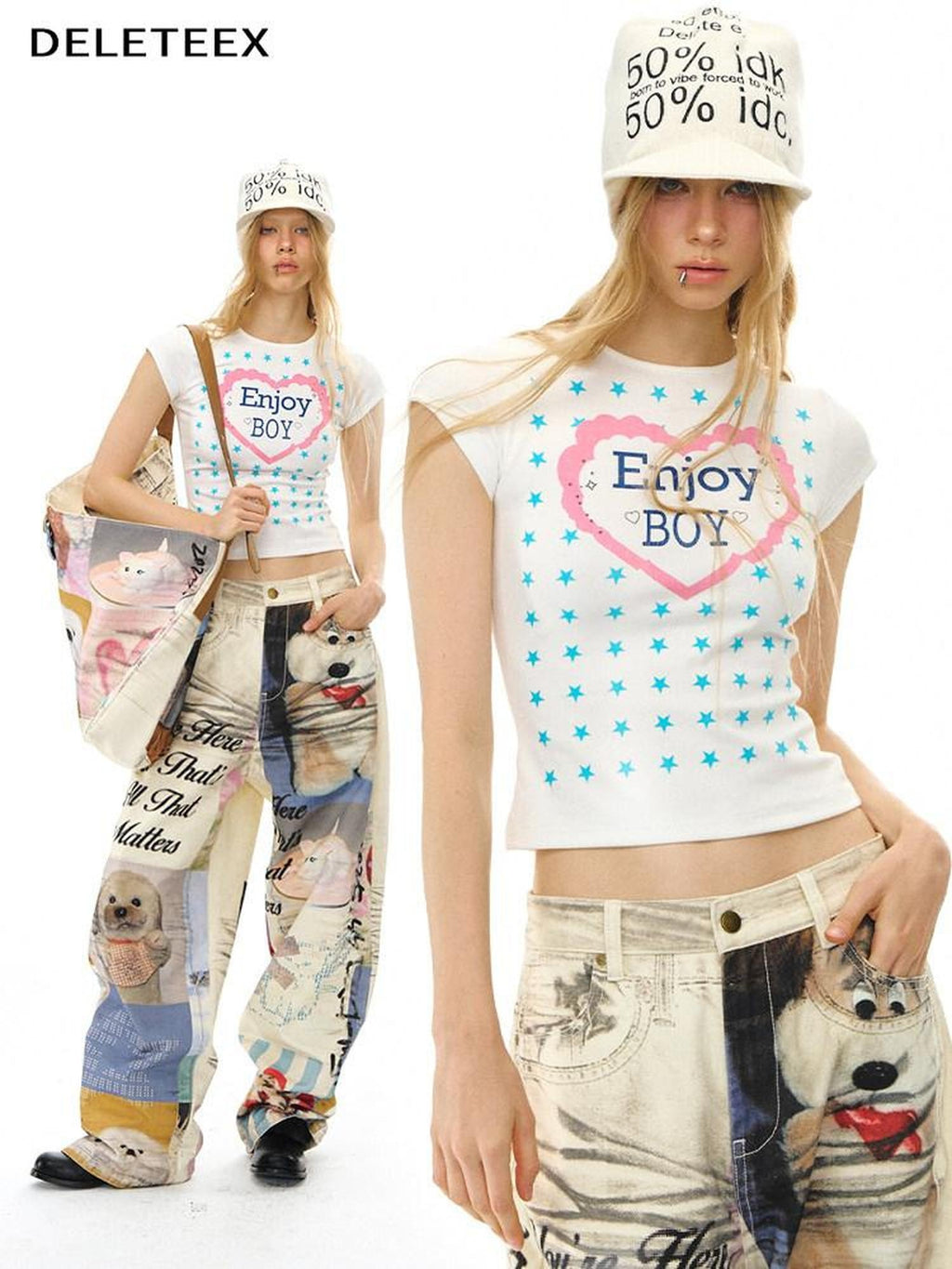 DeleteEx Cute Printed Slim Fit Round Neck Flutter Sleeve Cropped Ivory Basic Crop Tops