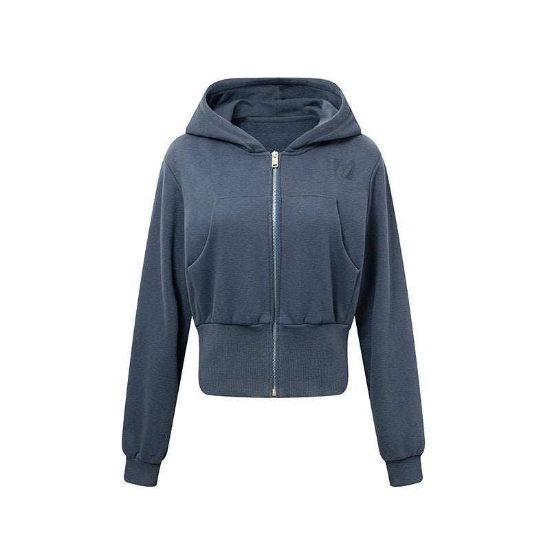 DeleteEx_Soft_Cotton_Blend_Zip_Up_Slim_Cropped_Street_Style_Women_Solid_Grey_Blue_Hoodie_MISSTT
