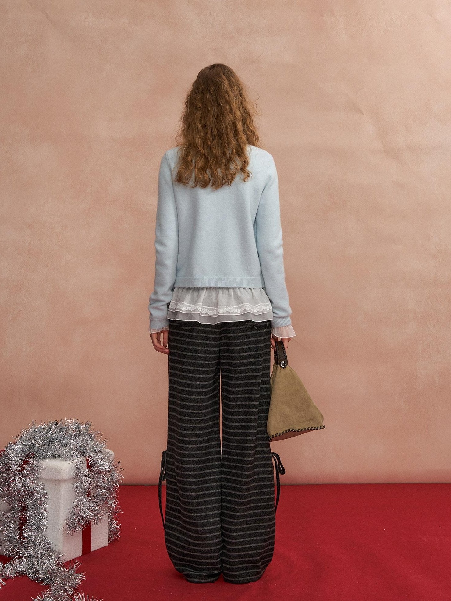 SOMESOWE Striped Bow Pocket Loose Wide Leg Button Split Hem Women Sweatpants