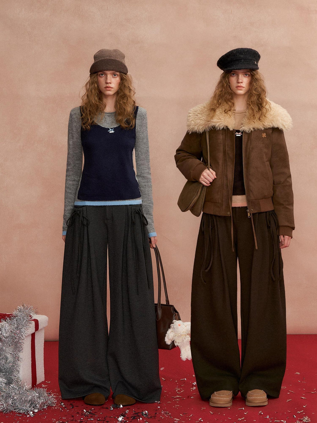SOMESOWE Pleated Pockets Bow Print Natural Waist Casual Women Wide Leg Pants