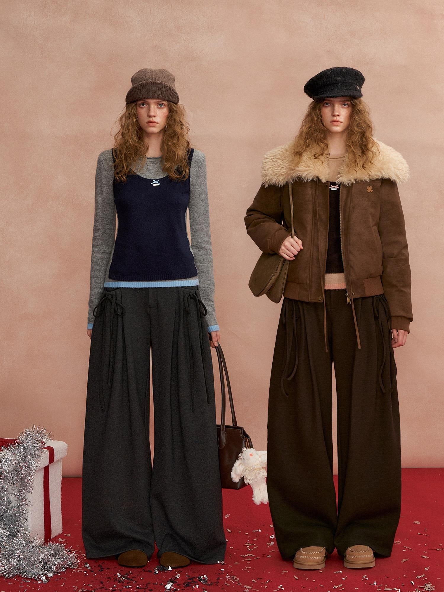 SOMESOWE Pleated Pockets Bow Print Natural Waist Casual Women Wide Leg Pants