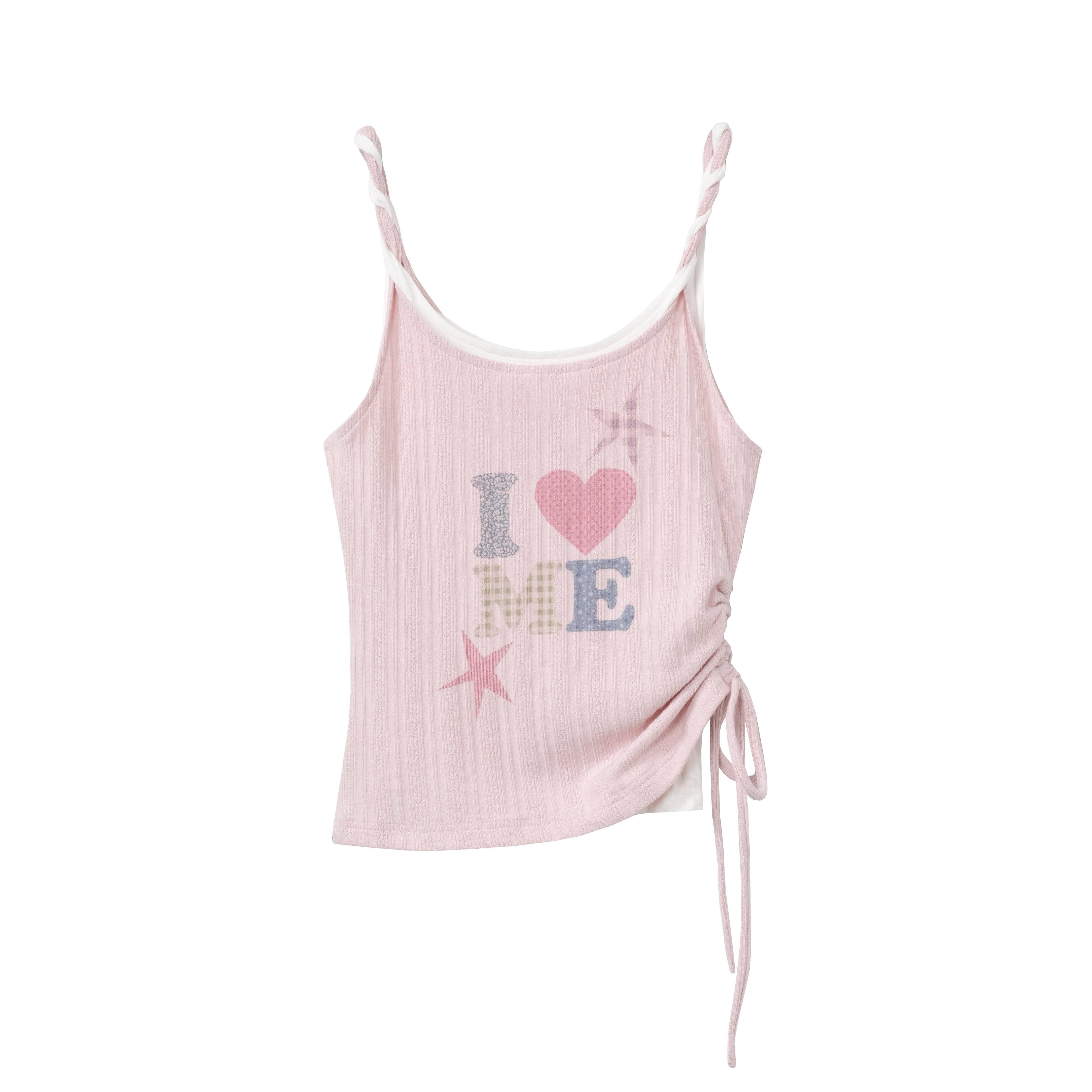 DeleteEx_Light_Pink_Drawstring_Slim_Fit_Letter_Print_No_Padding_Women_Tank_Camisoles_MISSTT