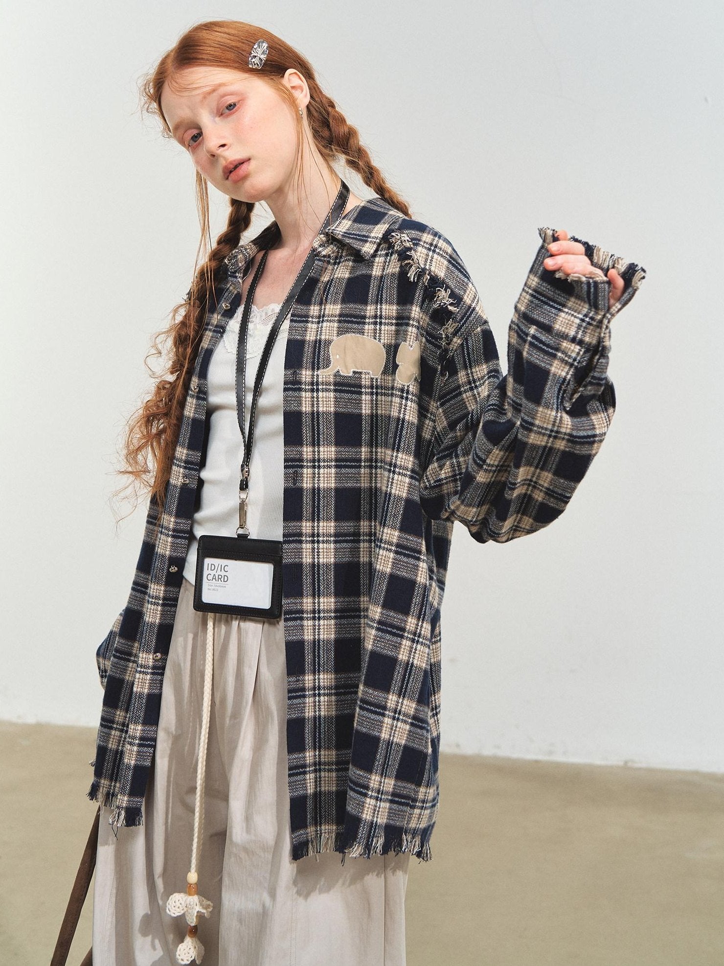 SOMESOWE Durable Fringe Plaid Loose Polo Collar Long Sleeve Women Wool Shirts