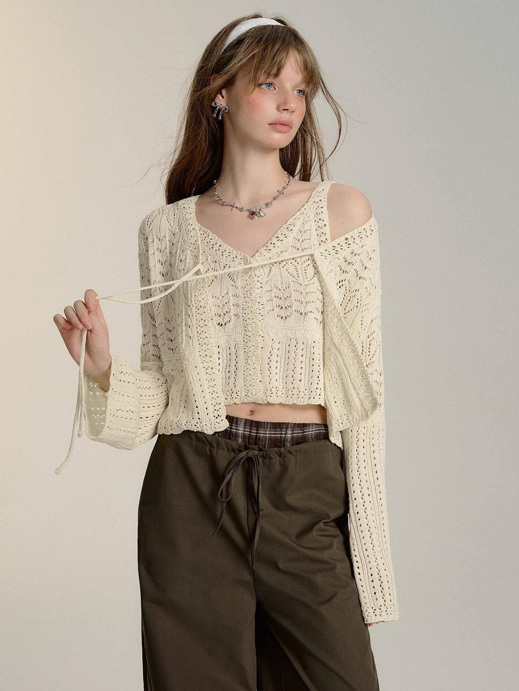 SOMESOWE Minimalist Double Waist Drawstring Natural Waist Office Women Wide Leg Pants