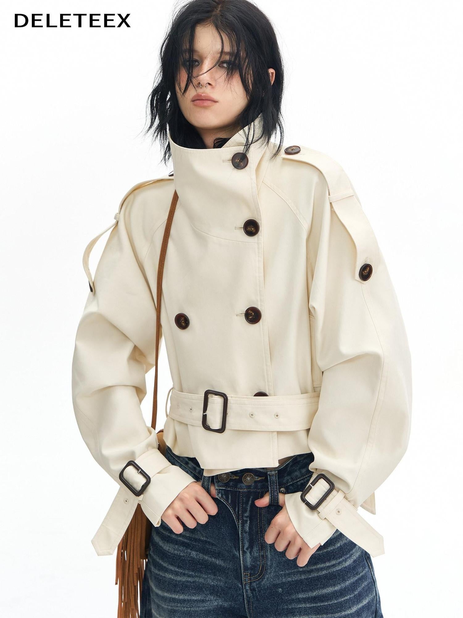 DeleteEx Cotton Blend Stand Collar Short Double Breasted London Off White Trench Coats