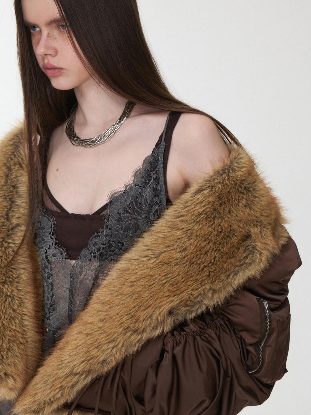 1JINN STUDIO Versatile Brown Utility Turn Down Collar Women Casual Outerwear Bomber Jackets