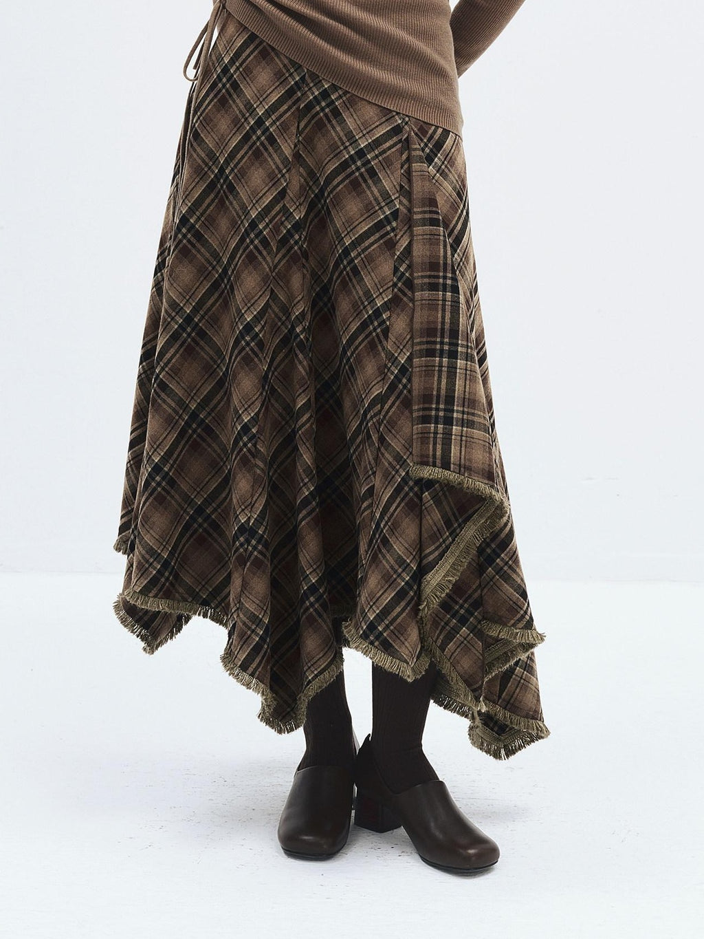 someonesometimes High Waist Vintage Irregular Hem Loose Fit Olive Check Casual Women Maxi Skirts