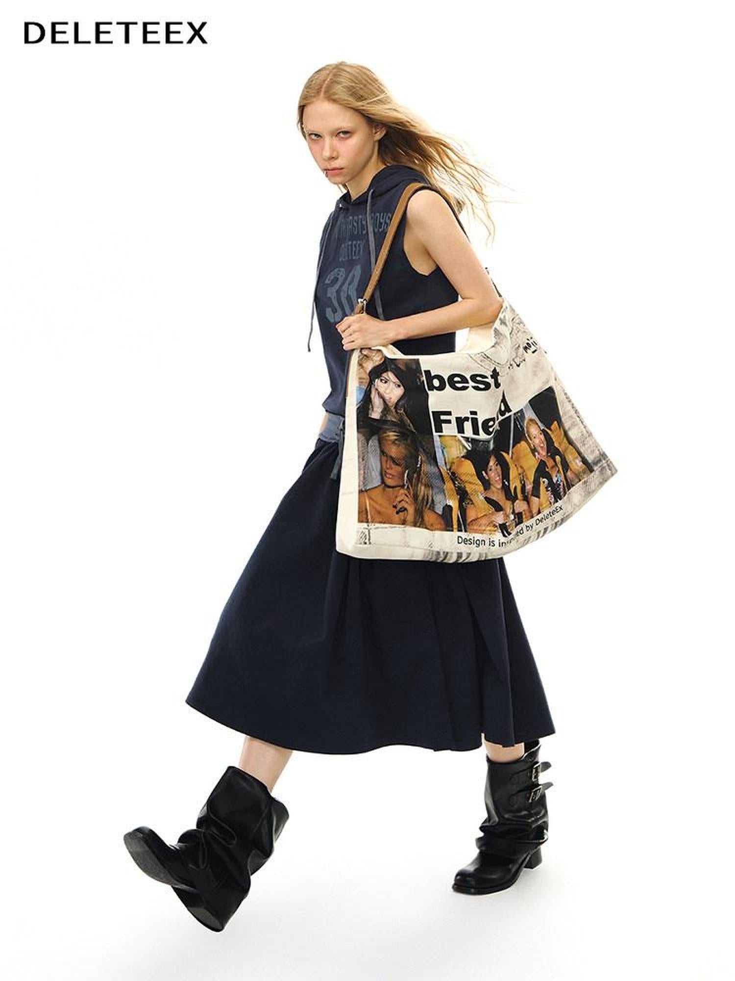 DeleteEx Soft Cotton Blend Elastic Waist Insta Sleeveless Printed Vest Navy Midi Dresses