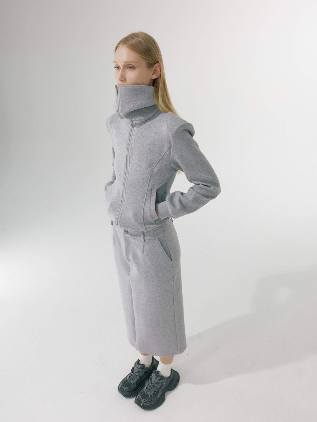 BUZHOU_Zip_Stand_Collar_Long_Sleeve_Stretch_Cotton_Commuter_Grey_Women_Top_&_Skirt_Sets_MISSTT