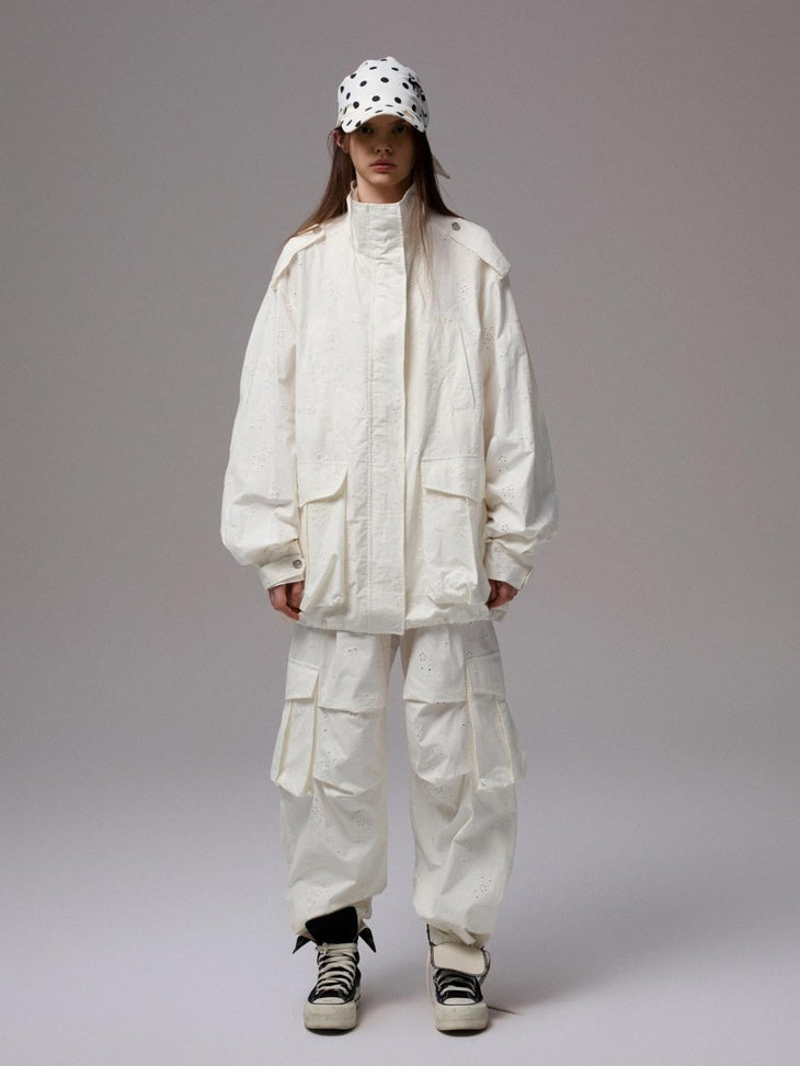 1JINN STUDIO Versatile Minimal Loose Flared Low Rise Zip Fly Cotton Jacquard Cargo Pants