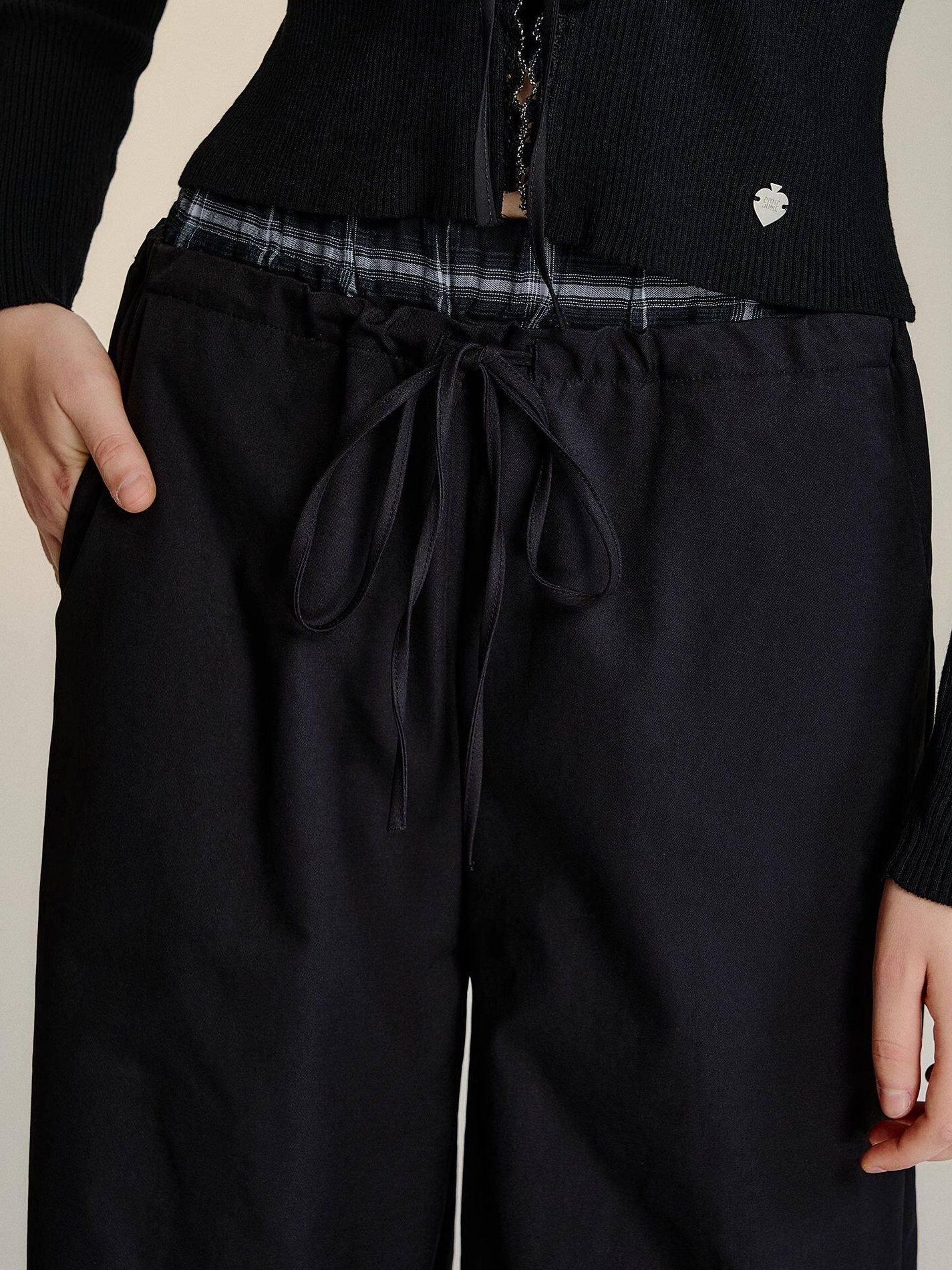 SOMESOWE Minimalist Double Waist Drawstring Natural Waist Office Women Wide Leg Pants