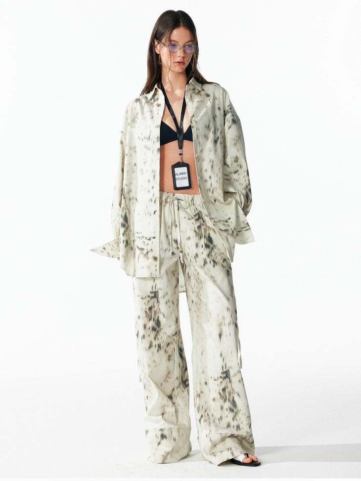 ALINNVSTUDIO Leopard Print Tie Waist Loose Fit Casual Lapel Women Top & Pants Sets
