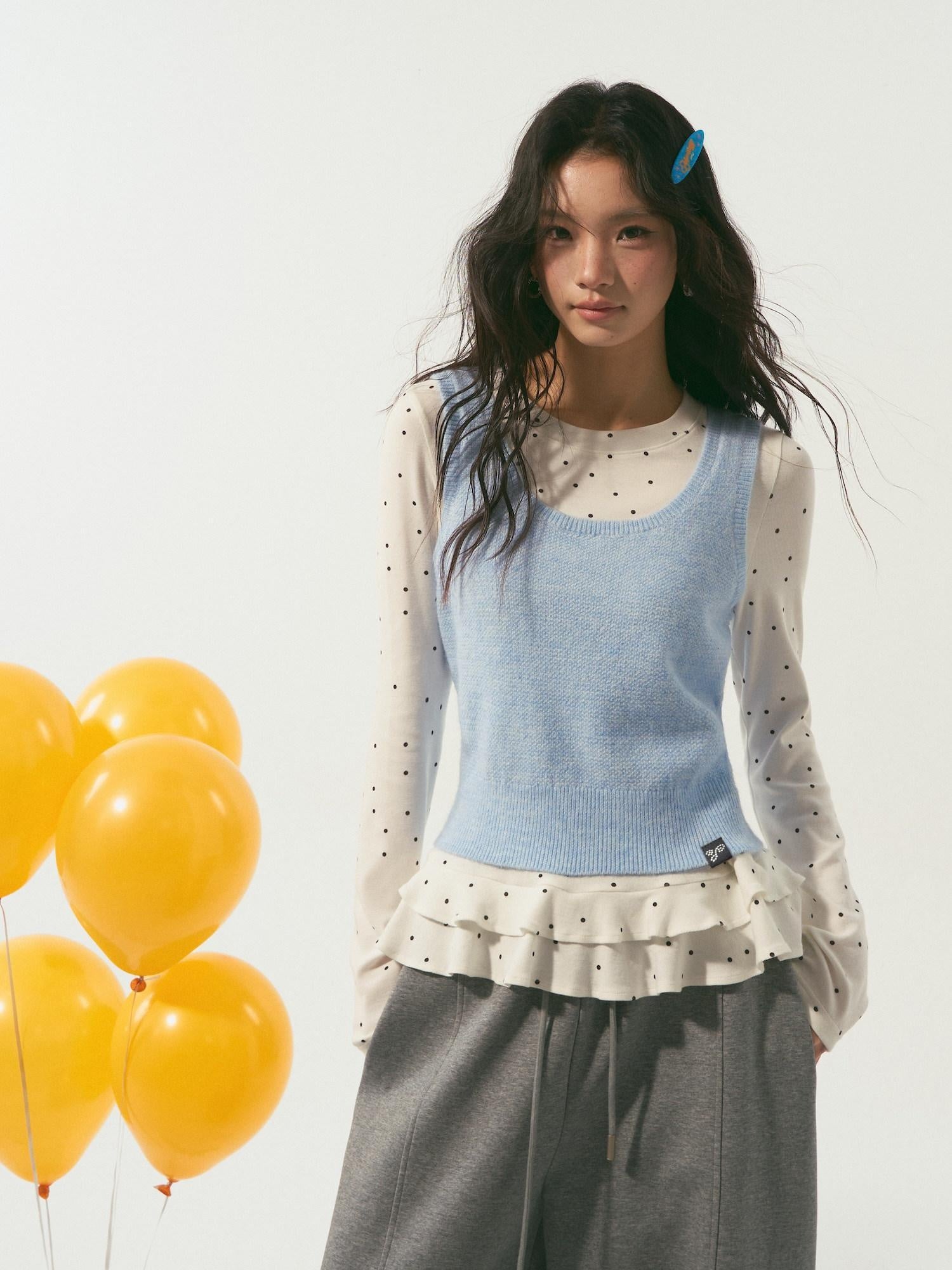 SOMESOWE Two Piece Knit Polka Dot Casual Regular Fit Women Everyday Round Neck Tank Tops