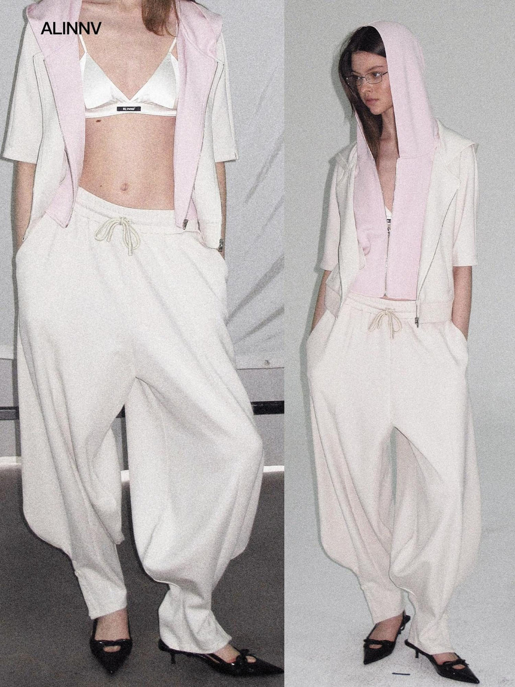 ALINNVSTUDIO Breathable Modal Loose Balloon Split Hem Natural Waist Women Black Sweatpants