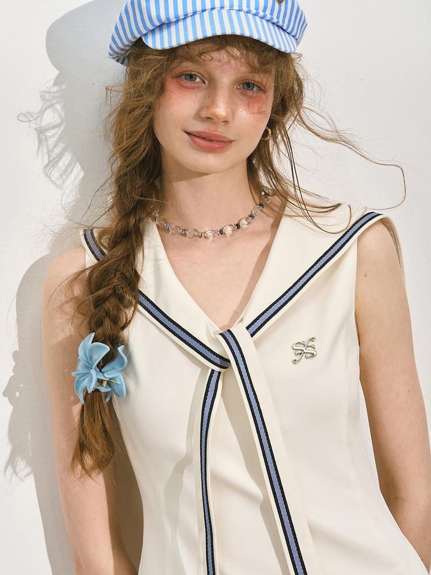 SOMESOWE Chic Sleeveless A Line Preppy Navy Collar Casual Polyester Mini Dresses