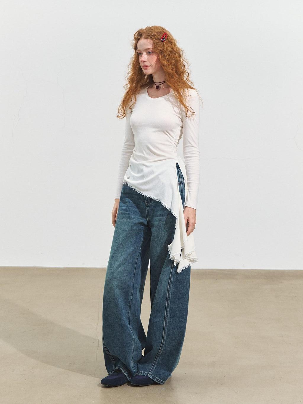SOMESOWE Viscose Shirred Casual Loose Womens Round Neck White Long Sleeve T-Shirts