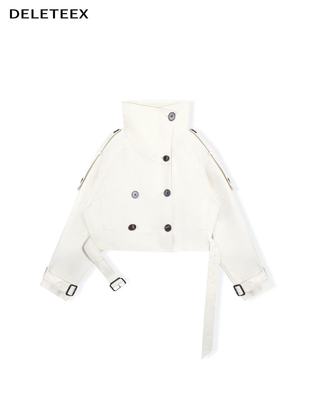 DeleteEx Cotton Blend Stand Collar Short Double Breasted London Off White Trench Coats