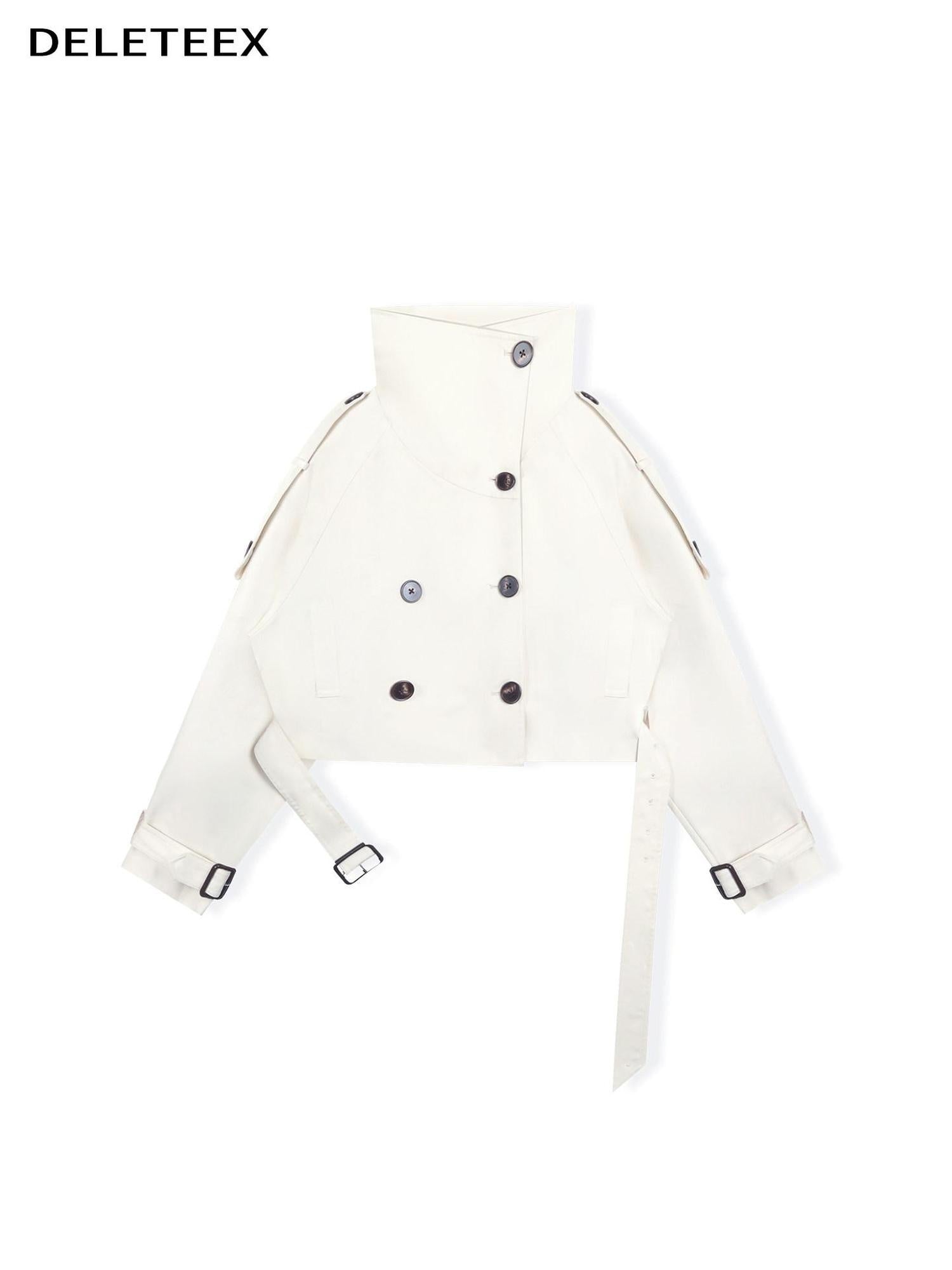 DeleteEx Cotton Blend Stand Collar Short Double Breasted London Off White Trench Coats