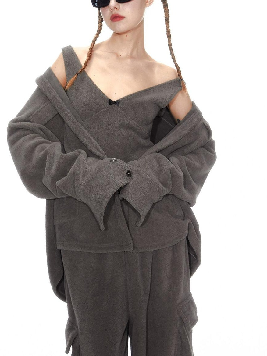 ALINNVSTUDIO Layered Jacket Vest Pants Slim Youth Grey Black Two Tone Top & Pants Sets