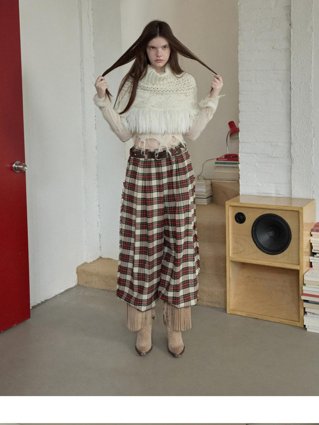 1JINN STUDIO Fringe Polka Dot Cropped High Neck Long Sleeve Women Knitwear Sweaters